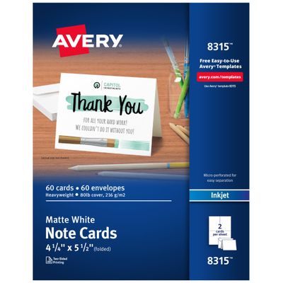 Avery Printable Note Cards with Envelopes, 4.25" x 5.5", Matte White, Inkjet Printer Compatible, 60 Blank Cards Total, Great for Product Branding, Marketing, and More (8315)