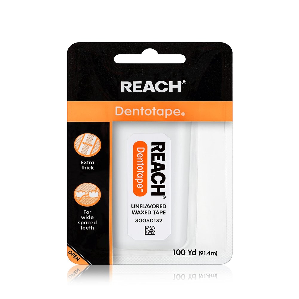 REACH Dentotape Waxed Dental Floss Tape, Unflavored, Extra Wide Floss, Shred & Frey Resistant, Plaque Remover for Teeth, Easy on Gums & Teeth, Oral Care, PFAS Free, for Adults & Kids, 1 Pack, 100 yd