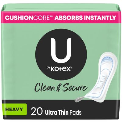 U by Kotex Ultra Thin Pads, Clean & Secure, Heavy Absorbency, 20 Count (Packaging May Vary)