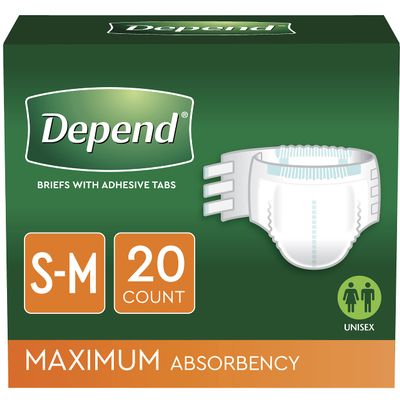 Depend Incontinence Protection with Tabs, Maximum Absorbency, S/M, 60 Count (3 Packs of 20) (Packaging May Vary)