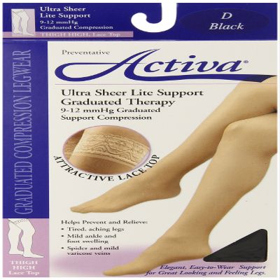 Activa Ultra Sheer 9-12 mmHg Thigh High with Lace Top, Black, Size B
