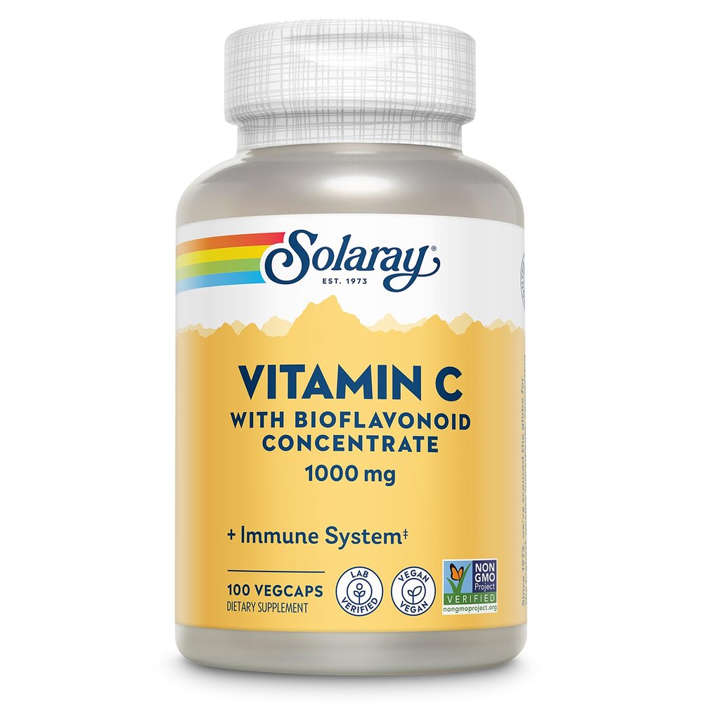SOLARAY Vitamin C Supplement 1000mg with Bioflavonoids Concentrate - Vitamin C Capsules w/ Rose Hips & Acerola, Heart Health & Immune Support for Men & Women, 1000 mg per Serving, Vegan - 100 Veg Caps