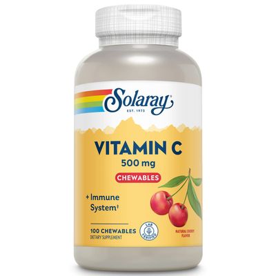 SOLARAY Chewable Vitamin C 500 mg, Natural Cherry Flavor with Natural Sweeteners, Antioxidant and Immune Support Supplement with Whole Food Base, 60-Day Guarantee, 100 Servings, 100 Chewables