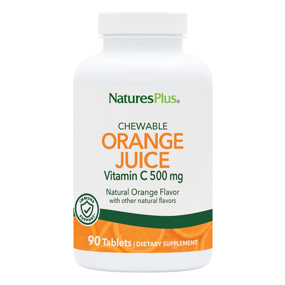 Natures Plus Orange Juice Chewable Vitamin C - 500 mg, 90 Tablets - High Potency Immune & Vascular Health Support Supplement, Antioxidant - Gentle On Stomach - Vegetarian, Gluten-Free - 90 Servings