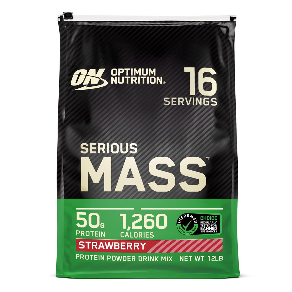 Optimum Nutrition Serious Mass, Weight Gainer Protein Powder, Mass Gainer, Vitamin C and Zinc for Immune Support, Creatine, Strawberry, 12 Pound (Packaging May Vary)