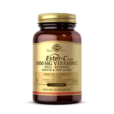 Solgar Ester-C Plus 1000 mg Vitamin C (Ascorbate Complex), 60 Tablets - Gentle On The Stomach & Non Acidic - Antioxidant & Immune System Support - Non GMO, Vegan, Gluten-Free, Kosher - 60 Servings