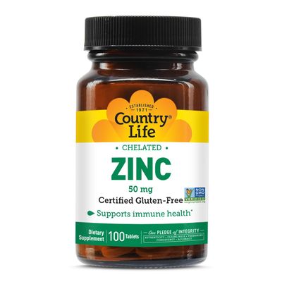 Country Life Chelated Zinc 50 mg - Certified Gluten-Free & Vegan Immune Support Supplement, Enhances Zinc Absorption, Supports Bodys Protein Production & Cellular Health, 100 Vegetarian Tablets