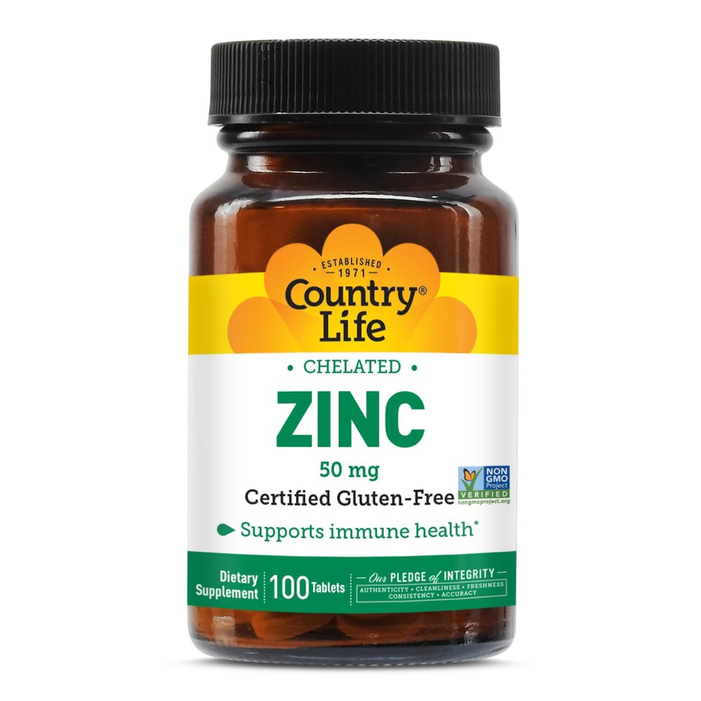 Country Life Chelated Zinc 50 mg - Certified Gluten-Free & Vegan Immune Support Supplement, Enhances Zinc Absorption, Supports Bodys Protein Production & Cellular Health, 100 Vegetarian Tablets