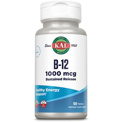 KAL Vitamin B12 1000mcg, Sustained Release Supplement for Healthy Energy, Metabolism, Heart Health, Nerve and Red Blood Cell Support, Long-Lasting Formula, Vegan, 100 Servings, 100 Tablets