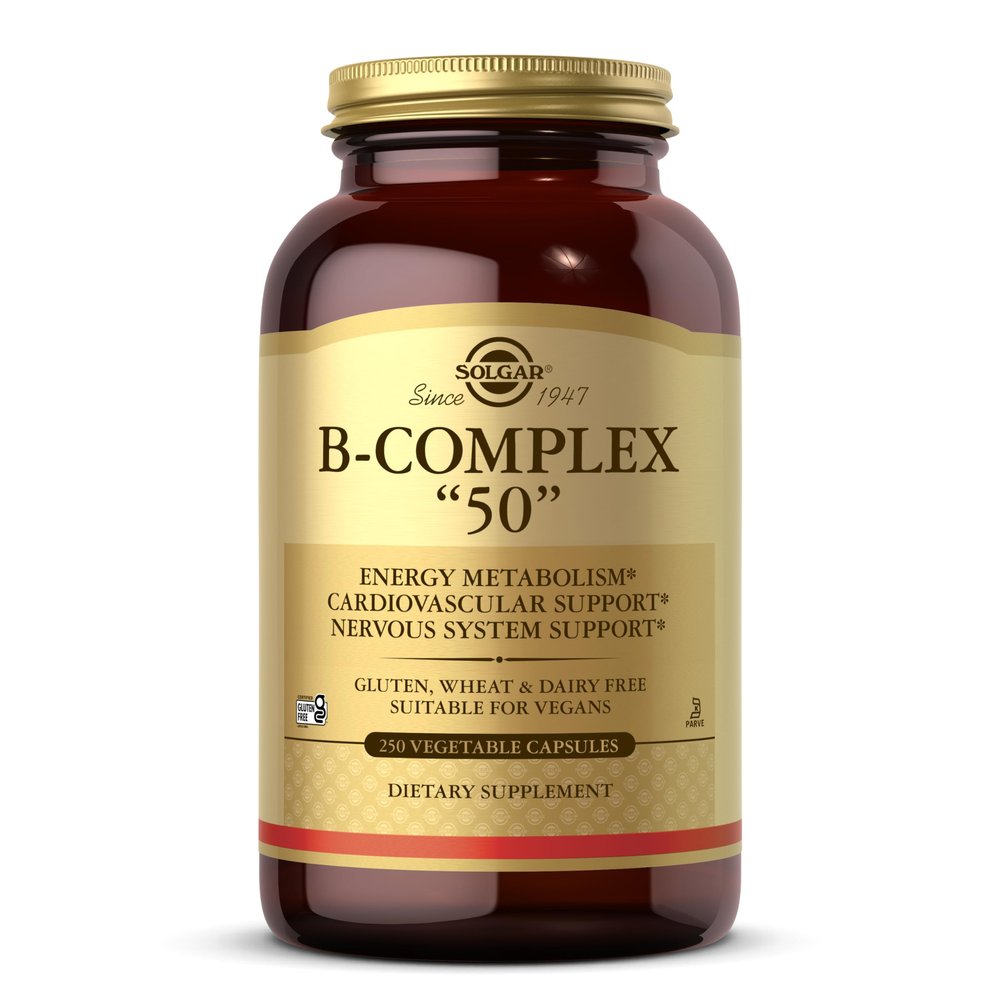 Solgar B-Complex 50, 250 Vegetable Capsules - Energy Metabolism, Cardiovascular Support, Nervous System Support - Non-GMO, Vegan, Gluten Free, Dairy Free, Kosher - 250 Servings