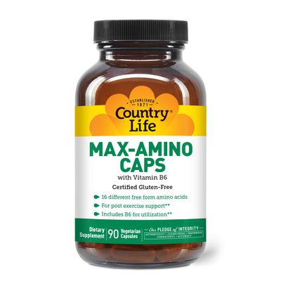 Country Life Max-Amino Caps  16 Free Form Amino Acids with Vitamin B6  Amino Acid Complex for Post Workout Support  Gluten Free  90 Capsules