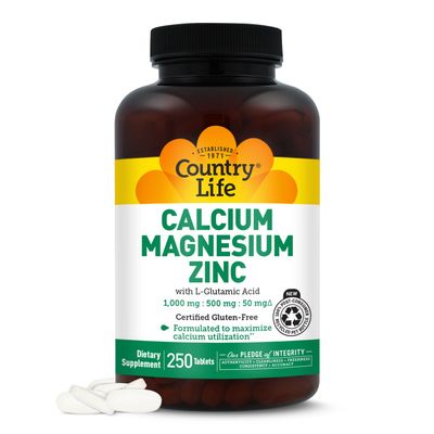 Country Life Calcium Magnesium Zinc with L-Glutamic Acid, Dietary Supplement for Bone Support, Certified Gluten Free , 1000mg/500mg/50mg, 250 Tablets