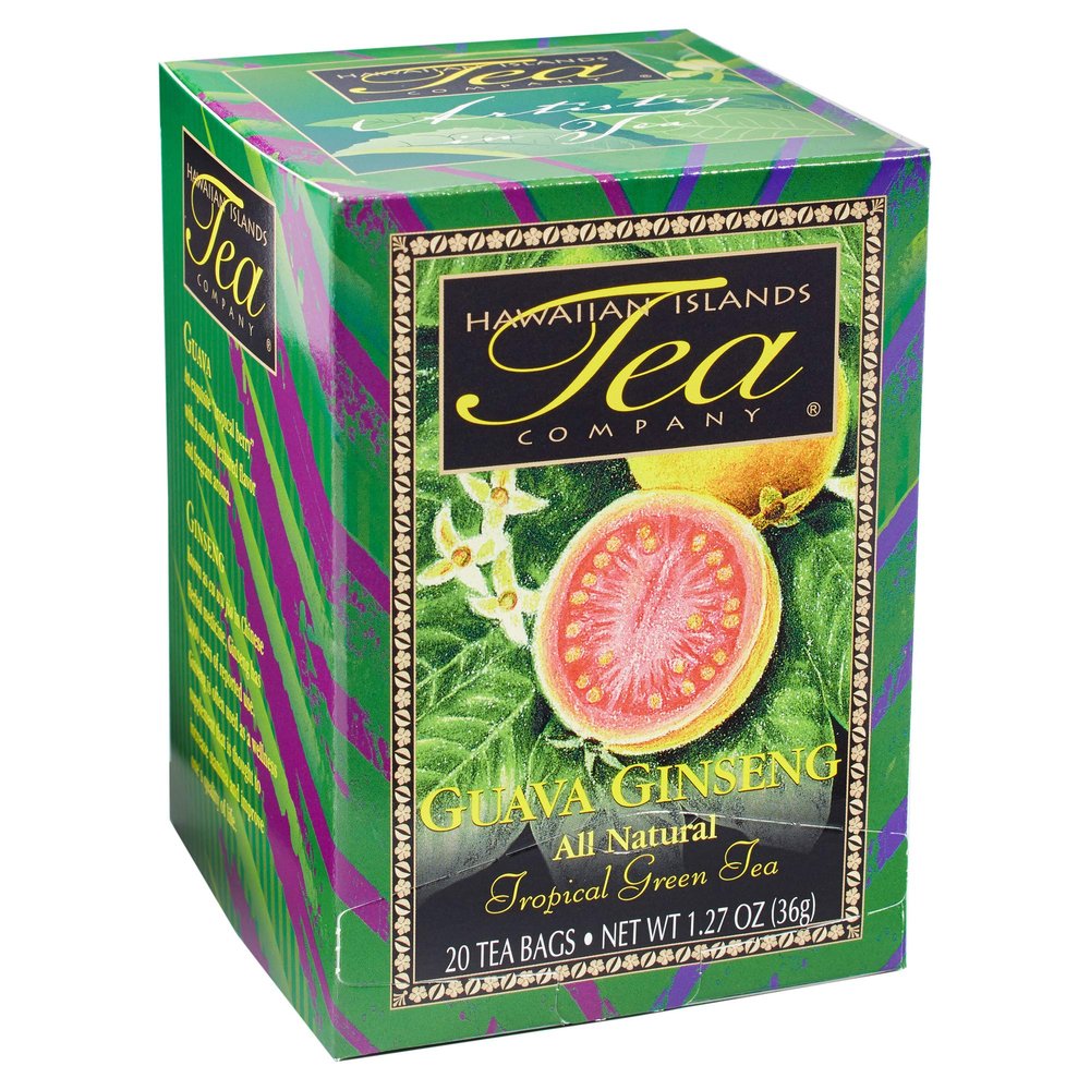 Hawaiian Islands Tea Company Guava Ginseng Green Tea, All Natural - 20 Teabags (1 Box)