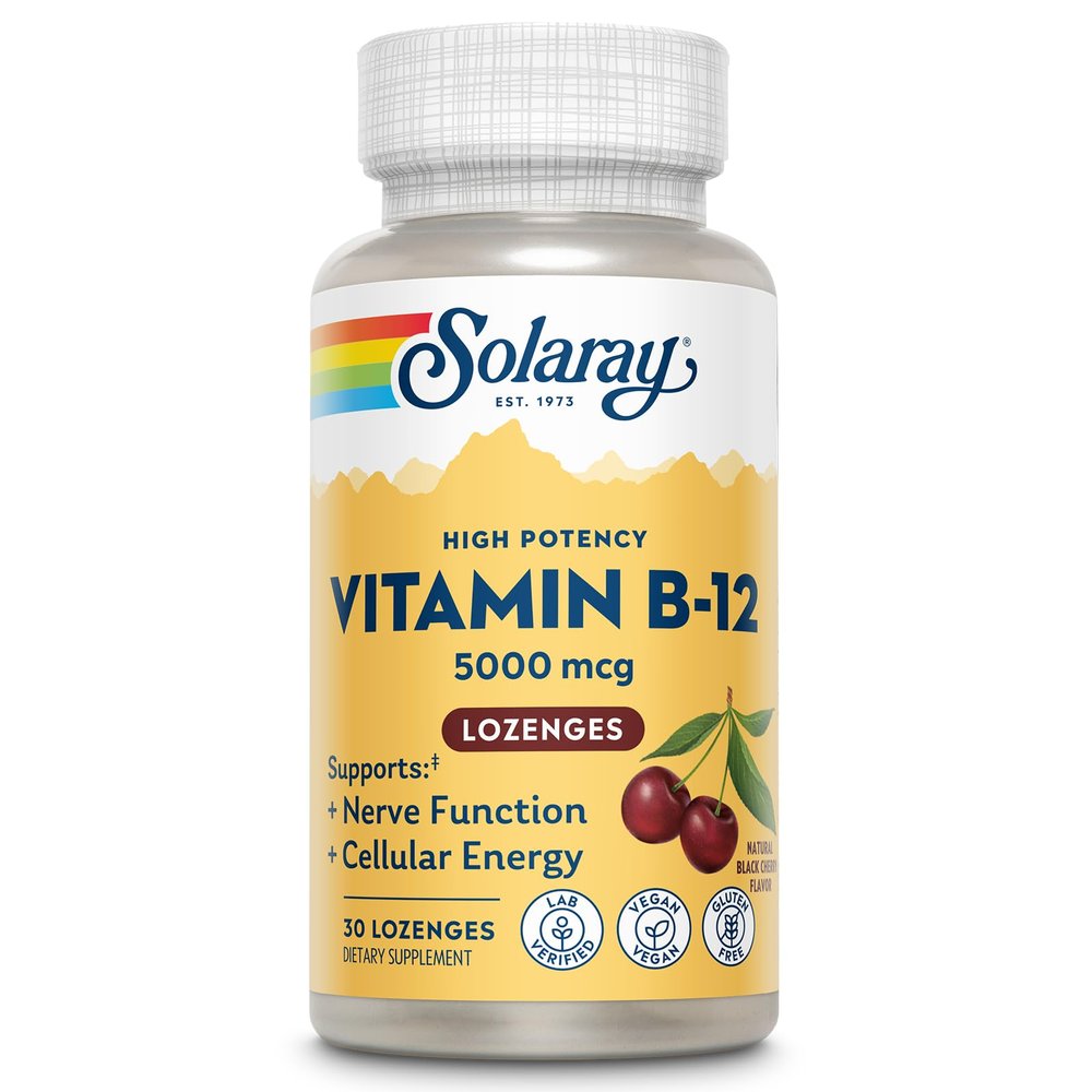 SOLARAY High Potency Vitamin B12 Lozenges 5000mcg - w/Methylcobalamin (Methyl B12), Nerve Function and Cellular Energy Support, Natural Black Cherry, Vegan, Gluten Free, 60-Day Guarantee, 30 Servings