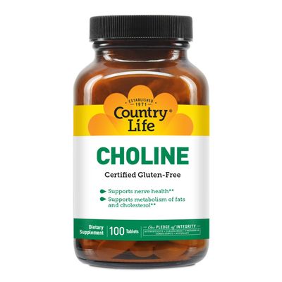 Country Life Choline 266mg, Certified Gluten Free, Certified Vegan, Certified Halal - 100 Tablets