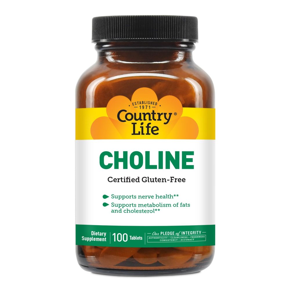 Country Life Choline 266mg, Certified Gluten Free, Certified Vegan, Certified Halal - 100 Tablets