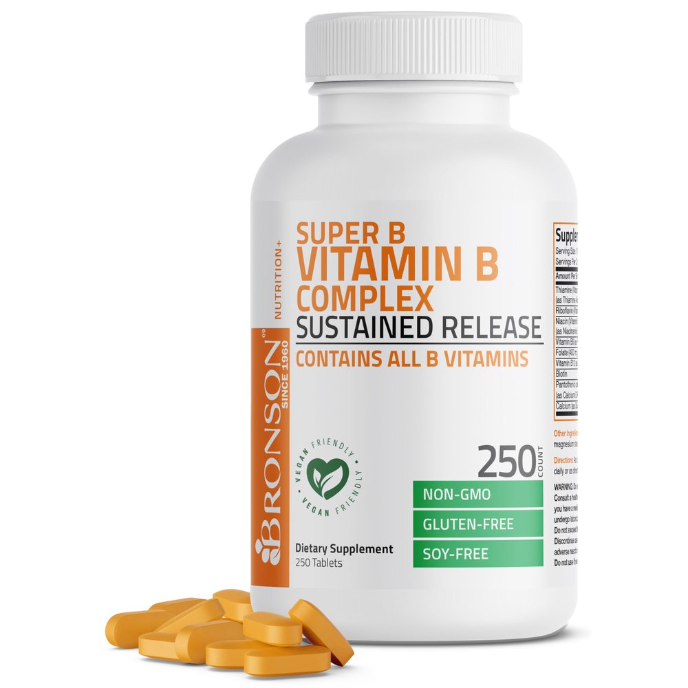 Bronson Super B Vitamin B Complex Sustained Slow Release (Vitamin B1, B2, B3, B6, B9 - Folic Acid, B12) Contains All B Vitamins 250 Tablets