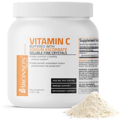 Bronson Buffered Vitamin C Powder Ascorbic Acid Buffered with Sodium Ascorbate Soluble Fine Crystals Promotes Healthy Immune System and Cell Protection Powerful Antioxidant - 1 Kilogram (2.2 Lbs)