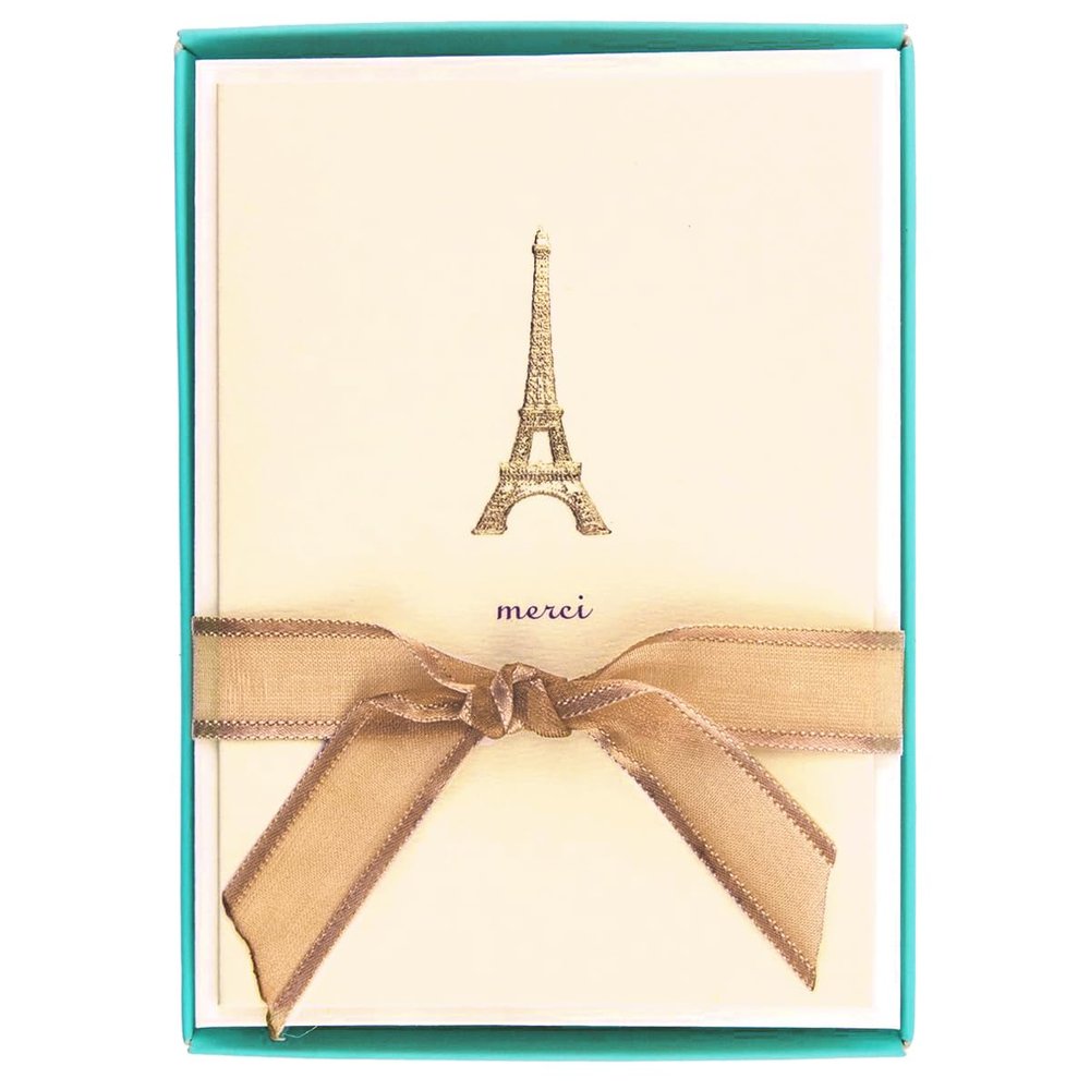 Graphique Eiffel Tower Merci Notecards 10 Embossed Gold Foil Blank Cards with Envelopes Boxed Set 3.25" x 4.75"