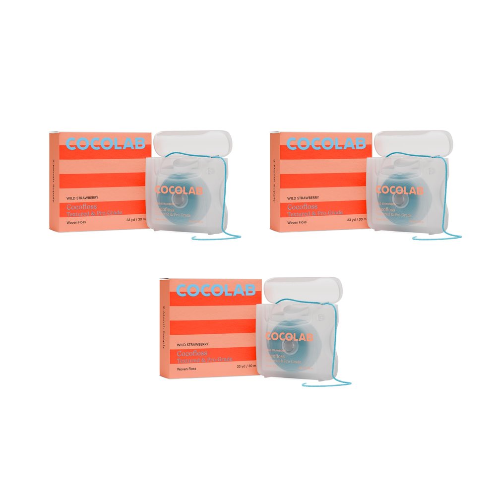 Cocofloss Woven Dental Floss, Dentist-Designed Oral Care, Strawberry Scent, Waxed, Expanding, Kid-Friendly String Floss with Coconut Oil, 3 Spools (33 yd Each)