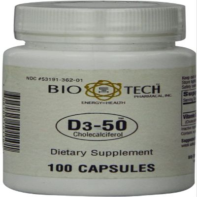 Bio-Tech Pharmacal D3-50 50,000 IU, 100 Capsules All-Natural Supplement Supports Bone, Heart Neuromuscular, & Immune Health No Dairy, Fish, Gluten, Peanut, Shellfish, & Soy