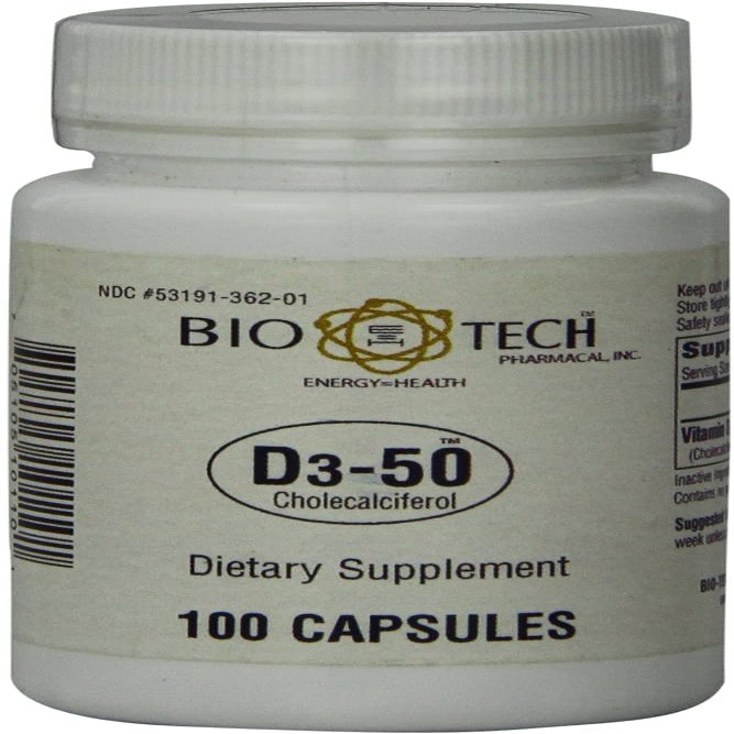 Bio-Tech Pharmacal D3-50 50,000 IU, 100 Capsules All-Natural Supplement Supports Bone, Heart Neuromuscular, & Immune Health No Dairy, Fish, Gluten, Peanut, Shellfish, & Soy