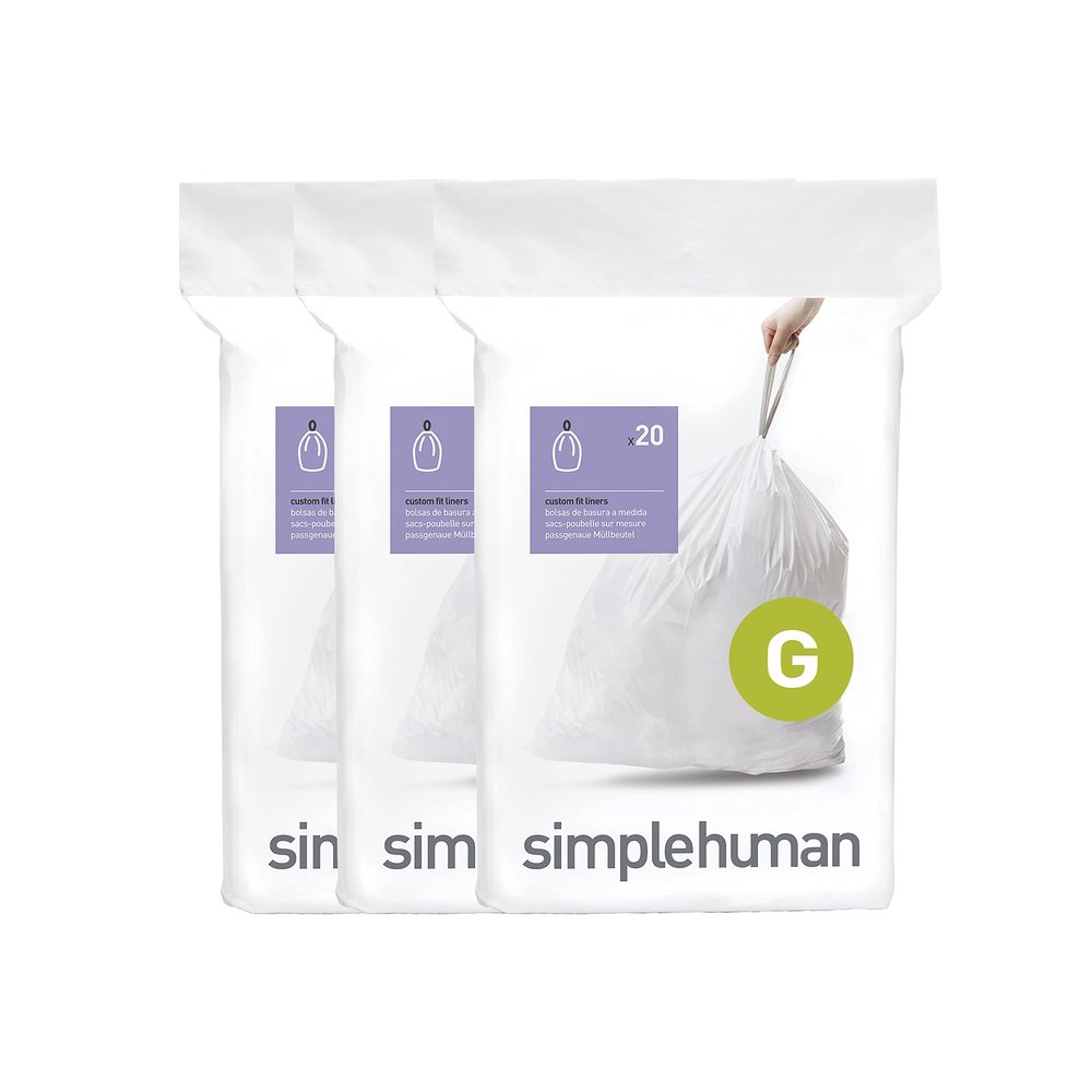 simplehuman Code G 60 Count, Dispenser Pack Custom Fit Liners, Drawstring Trash Bags, 30 Liter / 8 Gallon, White