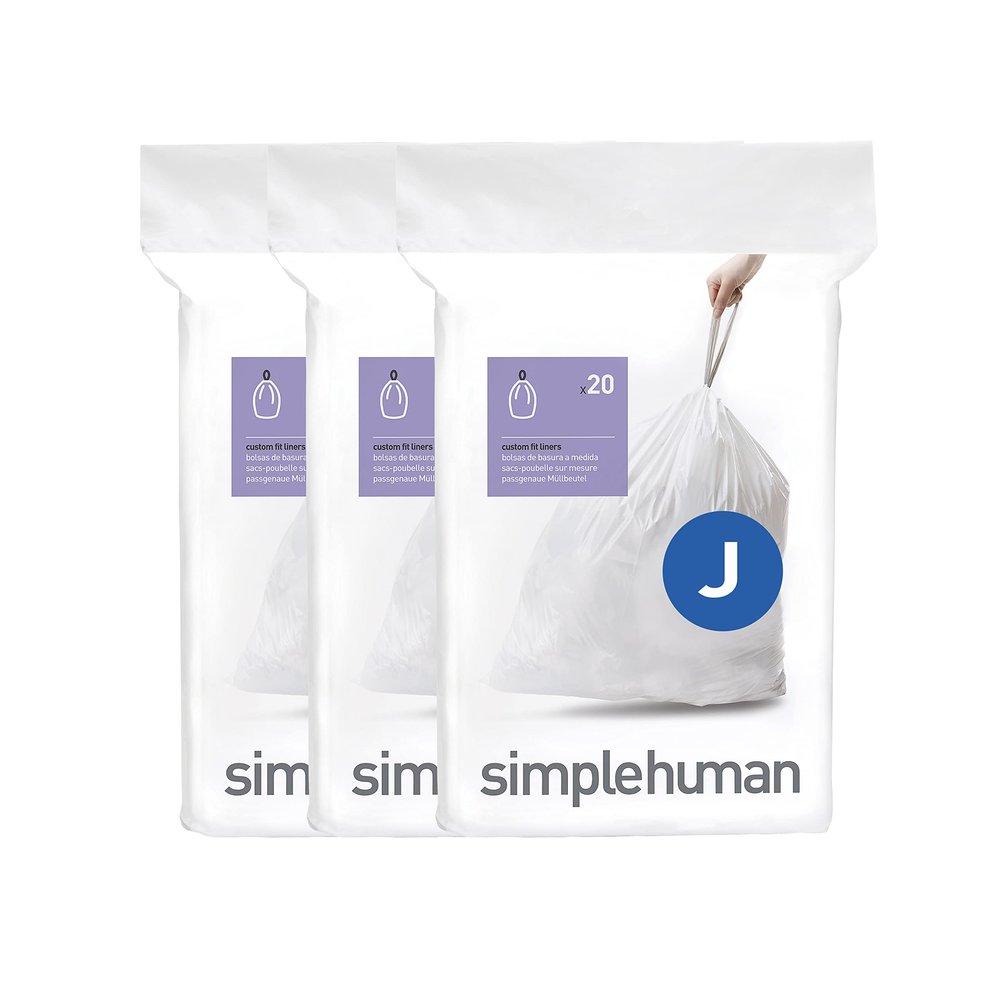 simplehuman Code J 60 Count, Dispenser Pack Custom Fit Liners, Drawstring Trash Bags, 30-45 Liter / 8-12 Gallon, White