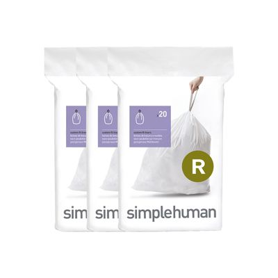 simplehuman Code R 60 Count, Dispenser Pack Custom Fit Liners, Drawstring Trash Bags, 10 Liter / 2.6 Gallon, White