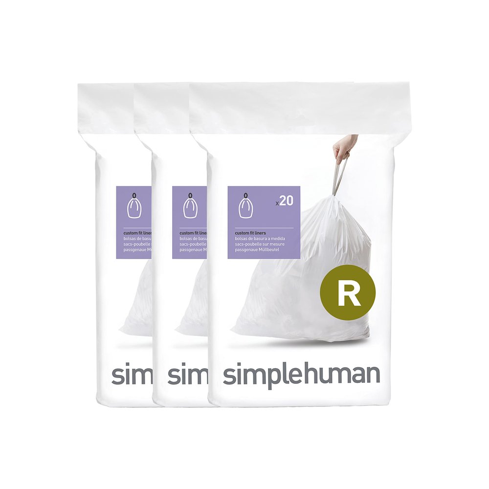 simplehuman Code R 60 Count, Dispenser Pack Custom Fit Liners, Drawstring Trash Bags, 10 Liter / 2.6 Gallon, White