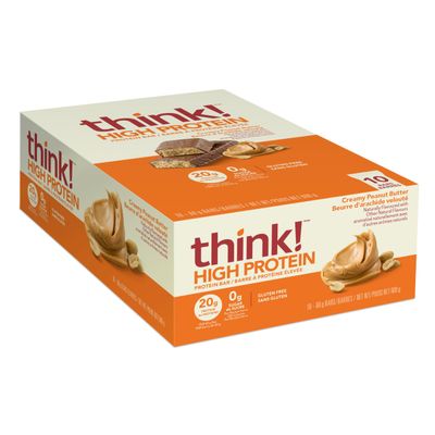 think! Protein Bars, High Protein Snacks, Gluten Free, Sugar Free Energy Bar with Whey Protein Isolate, Creamy Peanut Butter, Nutrition Bars without Artificial Sweeteners, 2.1 Oz (10 Count)