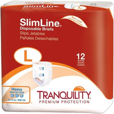 Tranquility Slimline Original Adult Disposable Brief, Large, Incontinence Care with a Slimmer Fit, Peach Mat Core& Kufguard Technology, Latex-Free, 21.4oz Capacity, 96ct Case