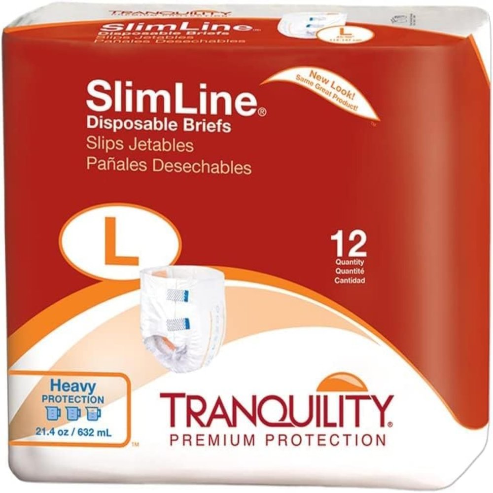 Tranquility Slimline Original Adult Disposable Brief, Large, Incontinence Care with a Slimmer Fit, Peach Mat Core& Kufguard Technology, Latex-Free, 21.4oz Capacity, 96ct Case