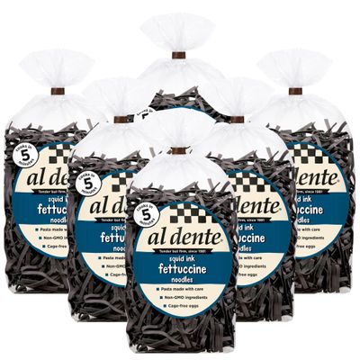 Al Dente Squid Ink Fettuccine  All-Natural Egg Pasta. Delicious, Gourmet, And Versatile. Traditional Pasta Noodles Made With Cage-Free Eggs, Semolina, And Real Squid Ink. 10oz Bags (Pack of 6)