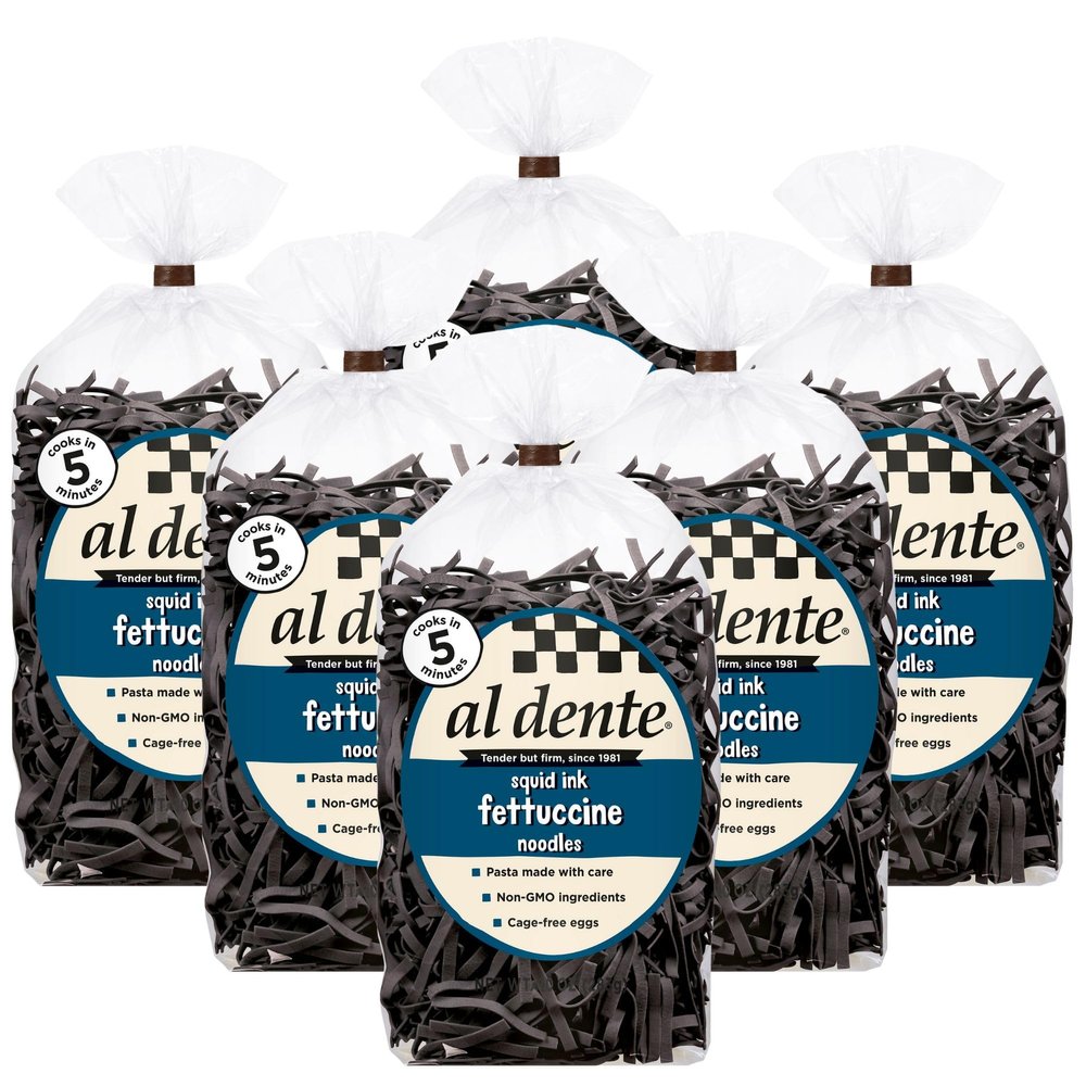Al Dente Squid Ink Fettuccine  All-Natural Egg Pasta. Delicious, Gourmet, And Versatile. Traditional Pasta Noodles Made With Cage-Free Eggs, Semolina, And Real Squid Ink. 10oz Bags (Pack of 6)