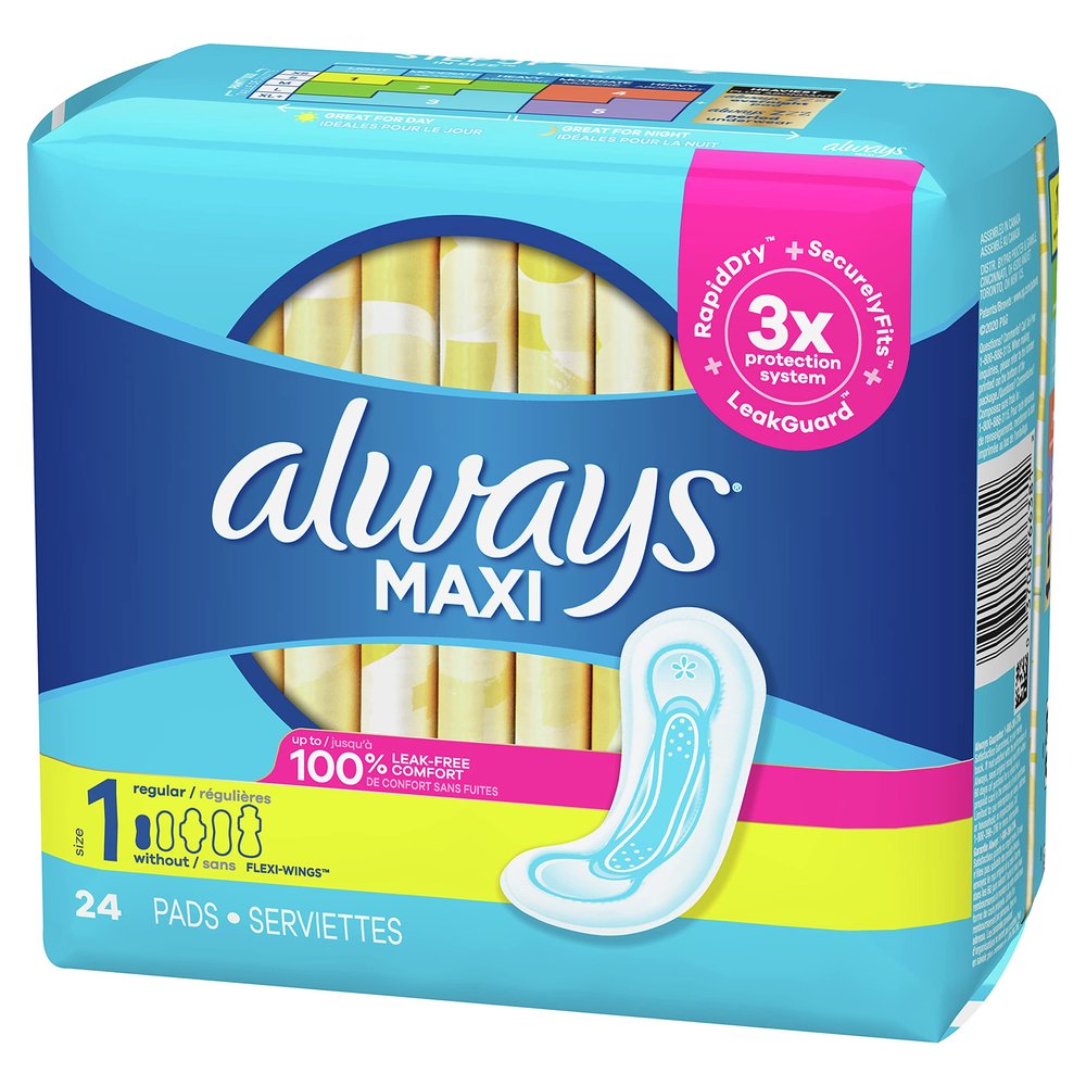 Always Maxi Feminine Pads for Women, Regular Absorbency, 24 Count, No Wings, Unscented (24 Count)