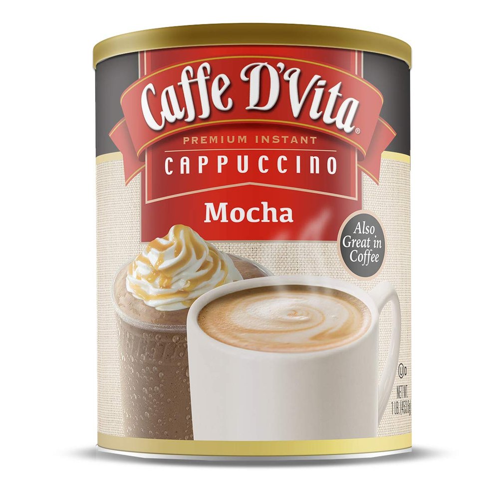 Caffe D'Vita Mocha Cappuccino - Instant Powder Coffee Mix, Gluten Free, No Cholesterol, No Hydrogenated Oils, No Trans Fat, 99% Caffeine Free - 16 Oz Can, 6-Pack