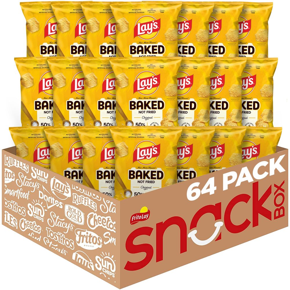 Baked Lays Potato Chips, Original, 1.125 oz Bags, (64 Pack), 50% Less Fat, Gluten Free, No Artificial Flavors, No Colors from Artificial Sources