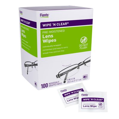 Flents Lens Wipes, Wipe 'N Clear, 100 Count, Pre-Moistened, Streak-Free, Safe for Glasses, Sunglasses, Anti-Fog, Gentle Cleaning, Clear Vision, Individually Wrapped for Travel & Convenience