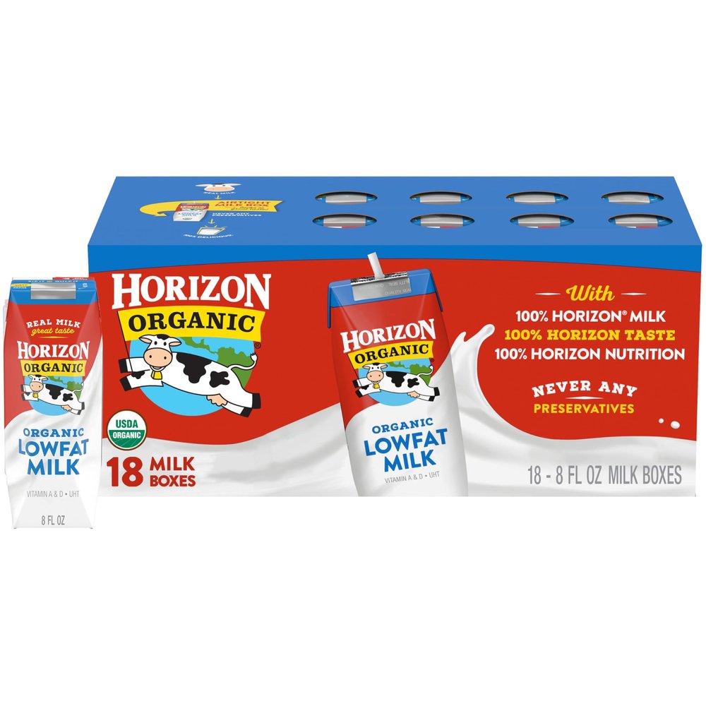 Horizon Organic Shelf Stable 1% Lowfat Milk Boxes, 8 fl oz, 18 Count - 8g Protein per Serving, USDA Organic, Ready to Drink for Lunchbox, Travel, or On-the-Go, No Refrigeration Needed