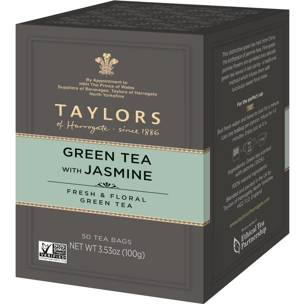 Taylors of Harrogate Green Tea with Jasmine, Pillow Tea Bags, 50 Count (Pack of 1), Delicate, Floral and Sweet, Caffeinated, Enjoy Hot or Iced, 50 Teabags