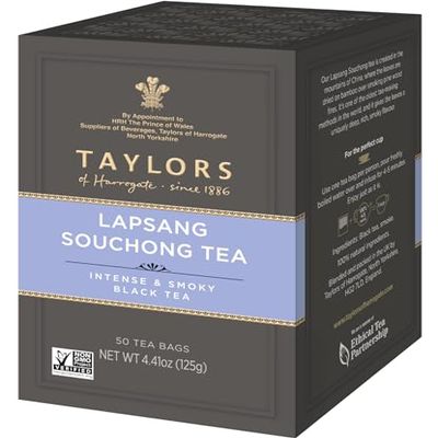 Taylors of Harrogate Lapsang Souchong, Black Tea, Pillow Tea Bags, 50 Count (Pack of 1), Smoky, Rich and Strong, Caffeinated, Enjoy Hot or Iced, 50 Teabags