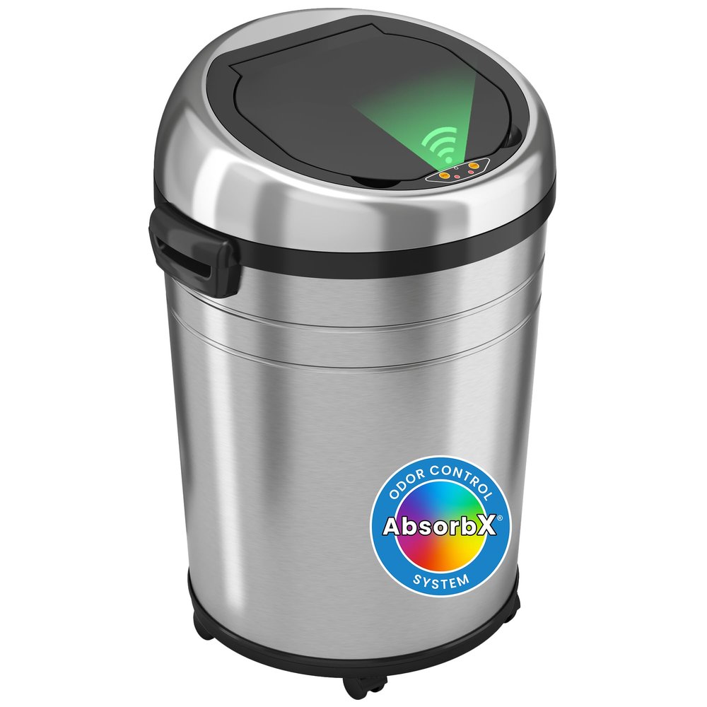 iTouchless Glide 18 Gallon Sensor Trash Can with Wheels and AbsorbX Odor Control System, Stainless Steel, 68 Liter Automatic Kitchen or Office Garbage Bin