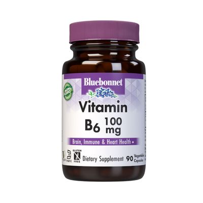 Bluebonnet Nutrition Vitamin B6 Vegetable Capsules, 100 mg, for Cardiovascular and Nervous System Health, 90 Count
