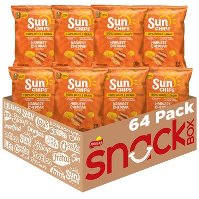 SunChips 100% Whole Grain Chips, Harvest Cheddar, 1.5 oz Bag, Pack of 64, No Artificial Flavors, No Colors from Artificial Sources