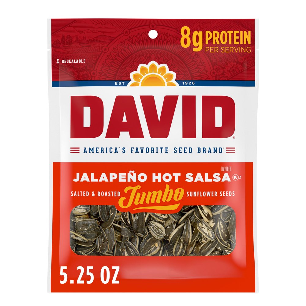 DAVID SEEDS Roasted and Salted Jalapeo Hot Salsa Jumbo Sunflower Seeds, Keto Friendly, 5.25 oz, 12 Pack