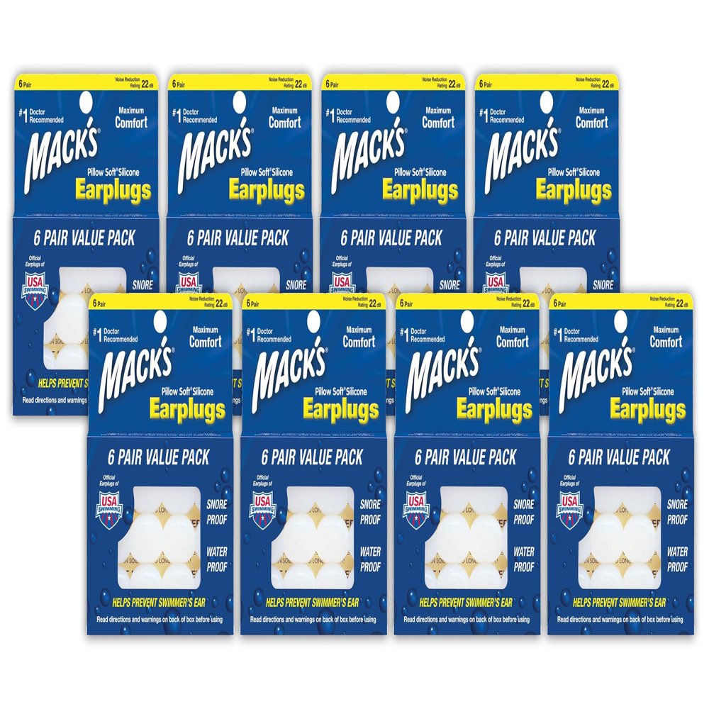 Mack's Pillow Soft Silicone Earplugs - 6 Pair (Pack of 8), Value Pack  The Original Moldable Silicone Putty Ear Plugs for Sleeping, Snoring, Swimming, Travel, Concerts and Studying