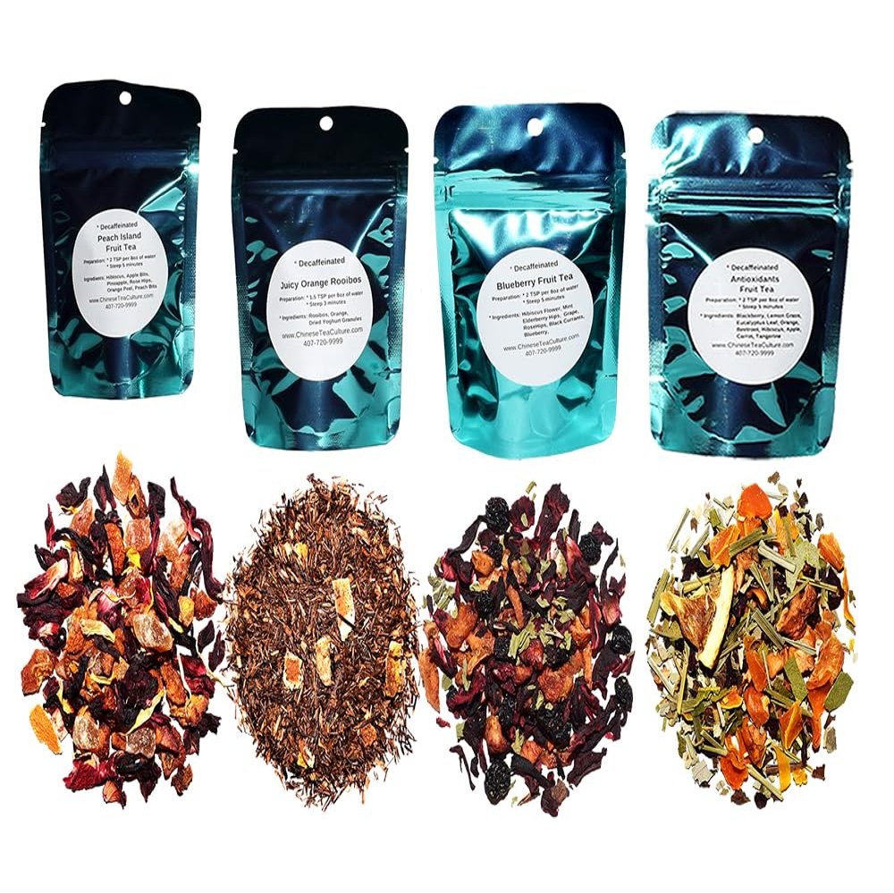 4 Fruit Tea and Rooibos Tea Samplers, Decaffeinated, Peach Tea, Blueberry Tea, Orange Tea, Juice Rooibos, Loose Leaf Tea