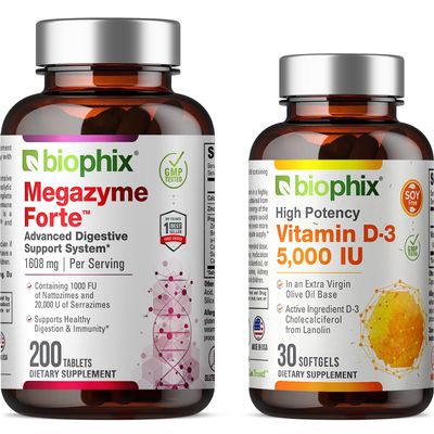 biophix Megazyme Forte 200 Tablets - Free Vitamin D-3 5000 IU 30 Softgels - Natural Plant Proteolytic Enzymes Nattozimes Serrazimes Supports Digestive System Immune Health