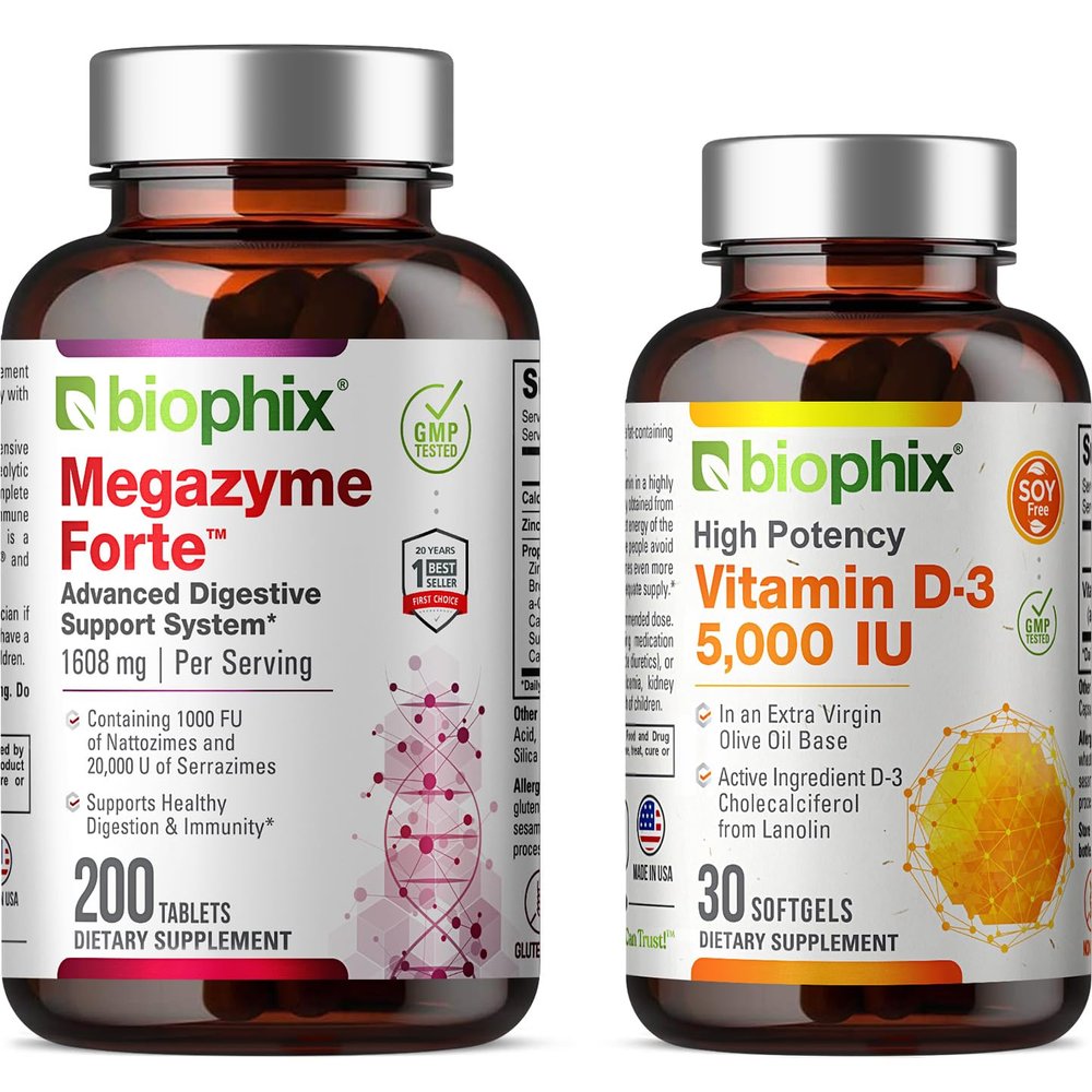 biophix Megazyme Forte 200 Tablets - Free Vitamin D-3 5000 IU 30 Softgels - Natural Plant Proteolytic Enzymes Nattozimes Serrazimes Supports Digestive System Immune Health